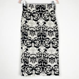 ZARA Floral Midi Pencil Skirt Small Black White Vented Back Slit